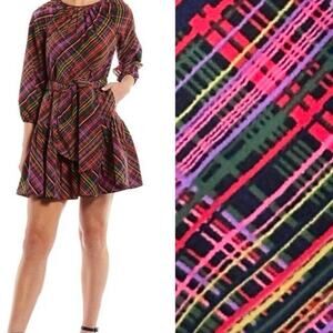 LDT Hunter Parachute 3/4 Puff Sleeve Tie Waist Plaid Ruffled Mini Dress Size 14
